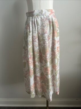 Vintage‎ 80s Linen Blend Floral Midi Skirt Coquette Feminine Women 26” USA Girly